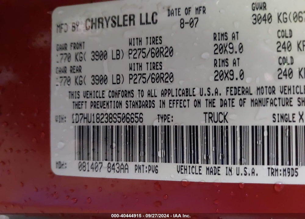 2008 DODGE RAM 1500 SLT VIN: 1D7HU18238S506656