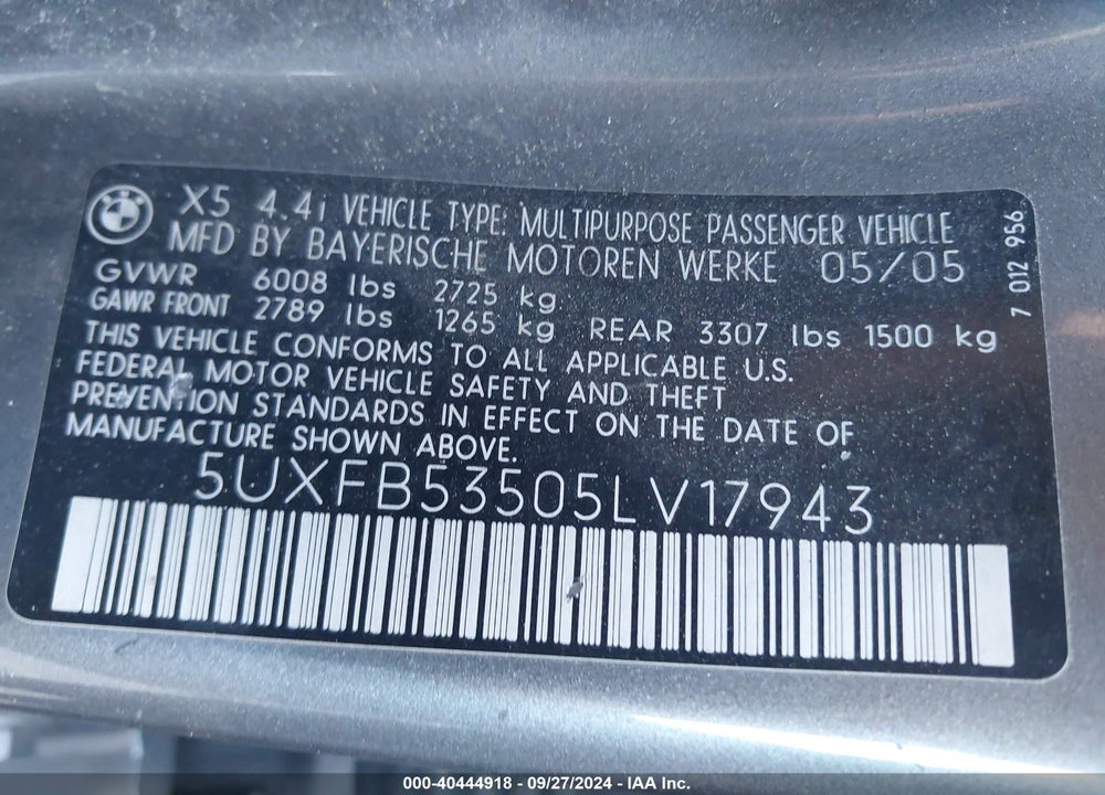 2005 BMW X5 4.4I VIN: 5UXFB53505LV17943