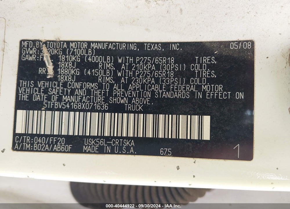 2008 TOYOTA TUNDRA SR5 5.7L V8 VIN: 5TFBV54168X071636