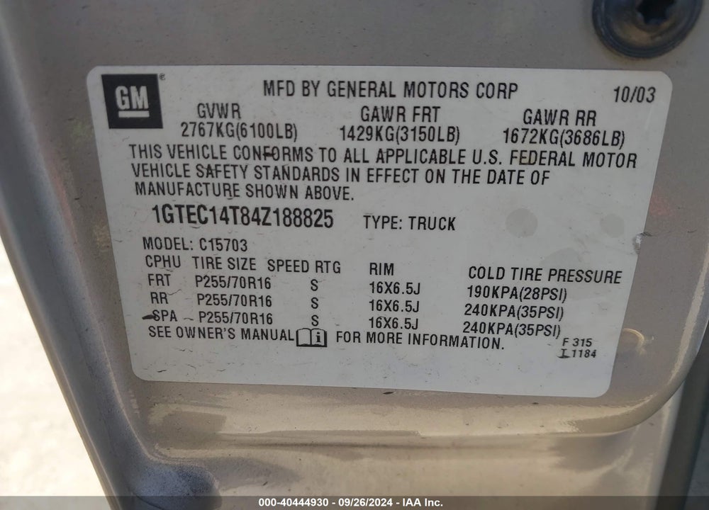 2004 GMC SIERRA 1500 SLE VIN: 1GTEC14T84Z188825