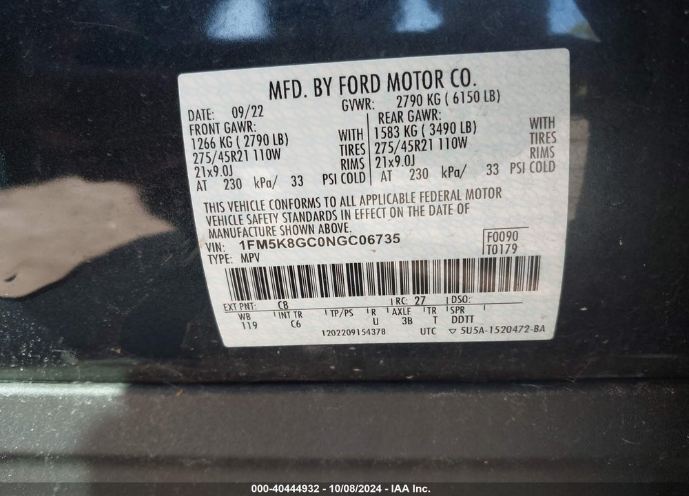 2022 FORD EXPLORER ST VIN: 1FM5K8GC0NGC06735
