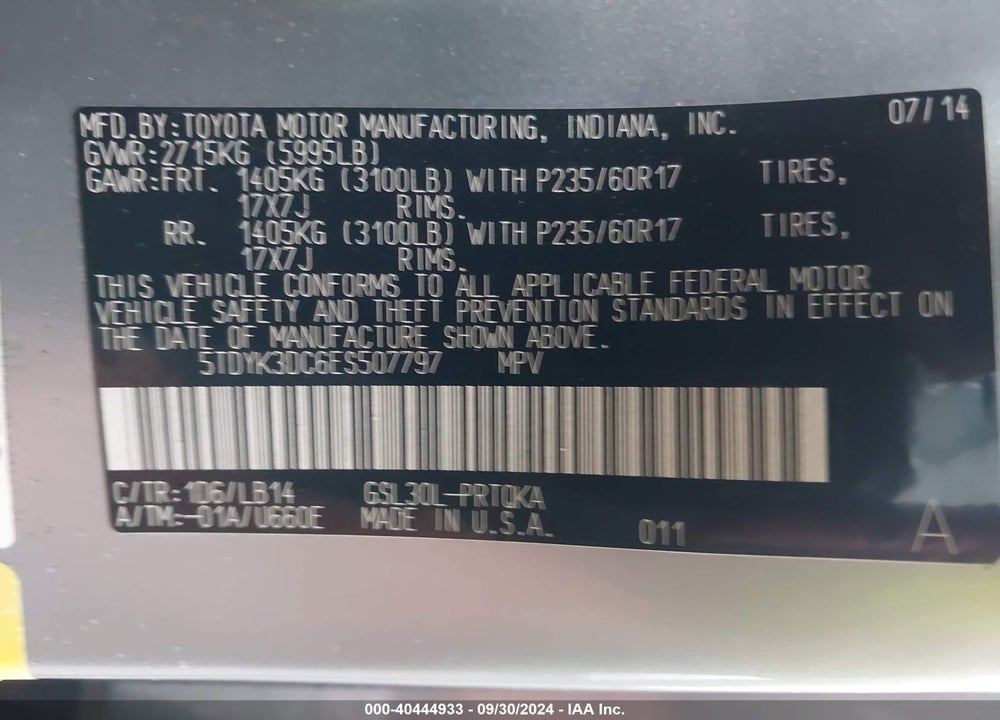 2014 TOYOTA SIENNA XLE V6 8 PASSENGER VIN: 5TDYK3DC6ES507797