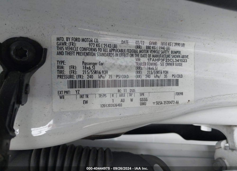 2012 FORD FOCUS SE VIN: 1FAHP3F23CL341023