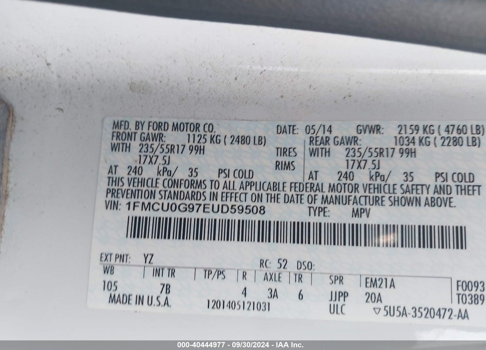 2014 FORD ESCAPE SE VIN: 1FMCU0G97EUD59508