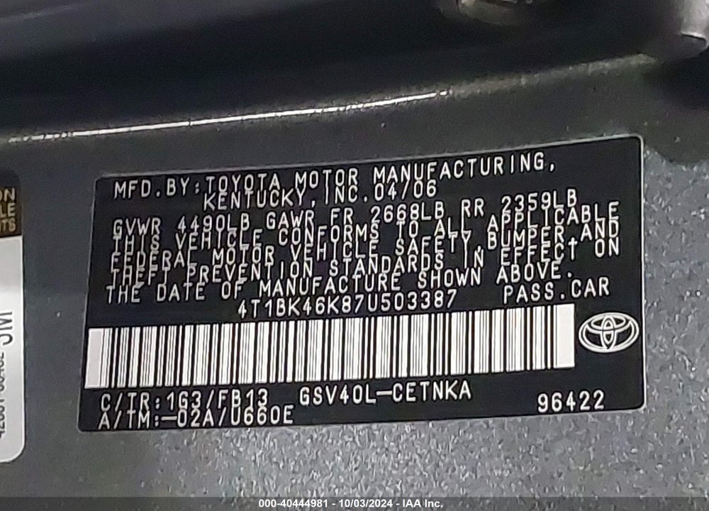 2007 TOYOTA CAMRY LE V6 VIN: 4T1BK46K87U503387