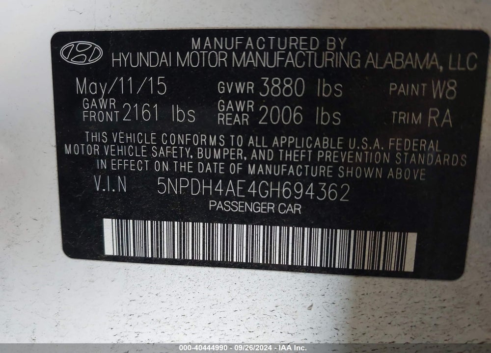 2016 HYUNDAI ELANTRA SE VIN: 5NPDH4AE4GH694362