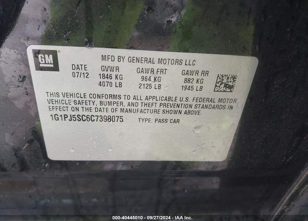 2012 CHEVROLET CRUZE ECO VIN: 1G1PJ5SC6C7398075