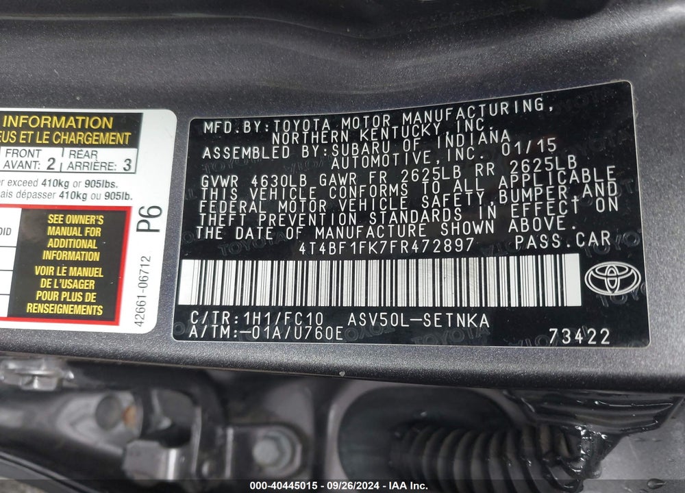 2015 TOYOTA CAMRY LE VIN: 4T4BF1FK7FR472897