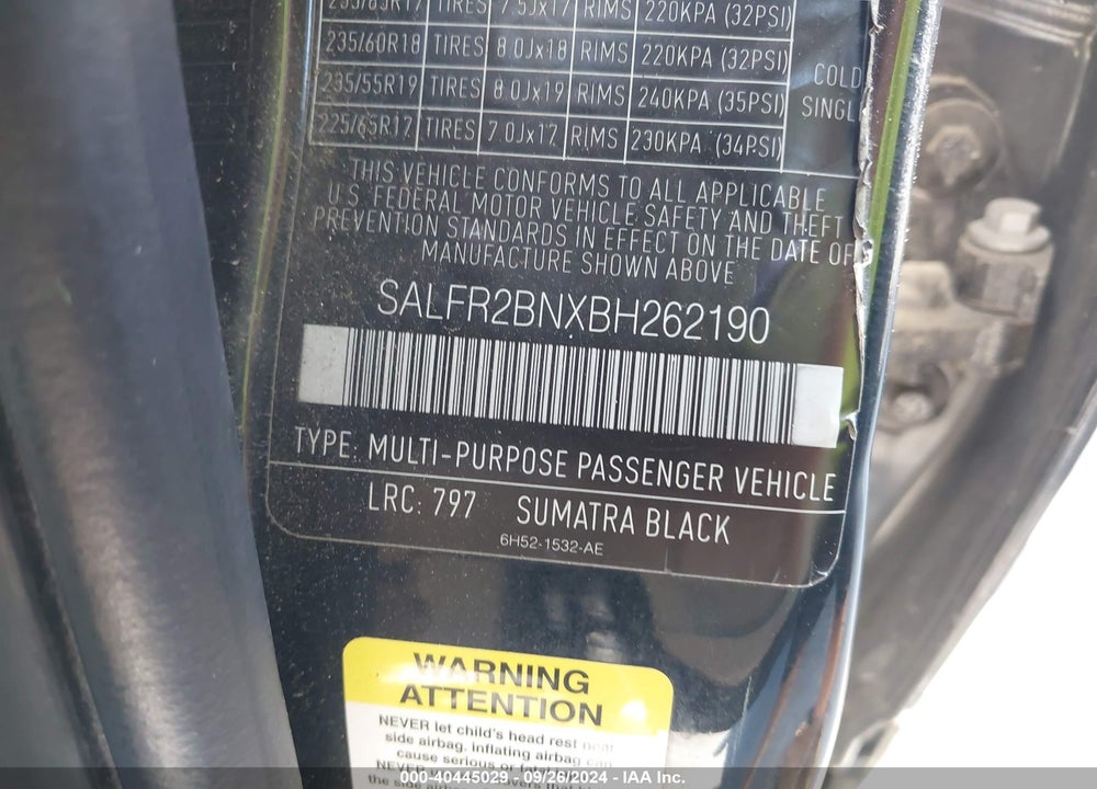 2011 LAND ROVER LR2 VIN: SALFR2BNXBH262190