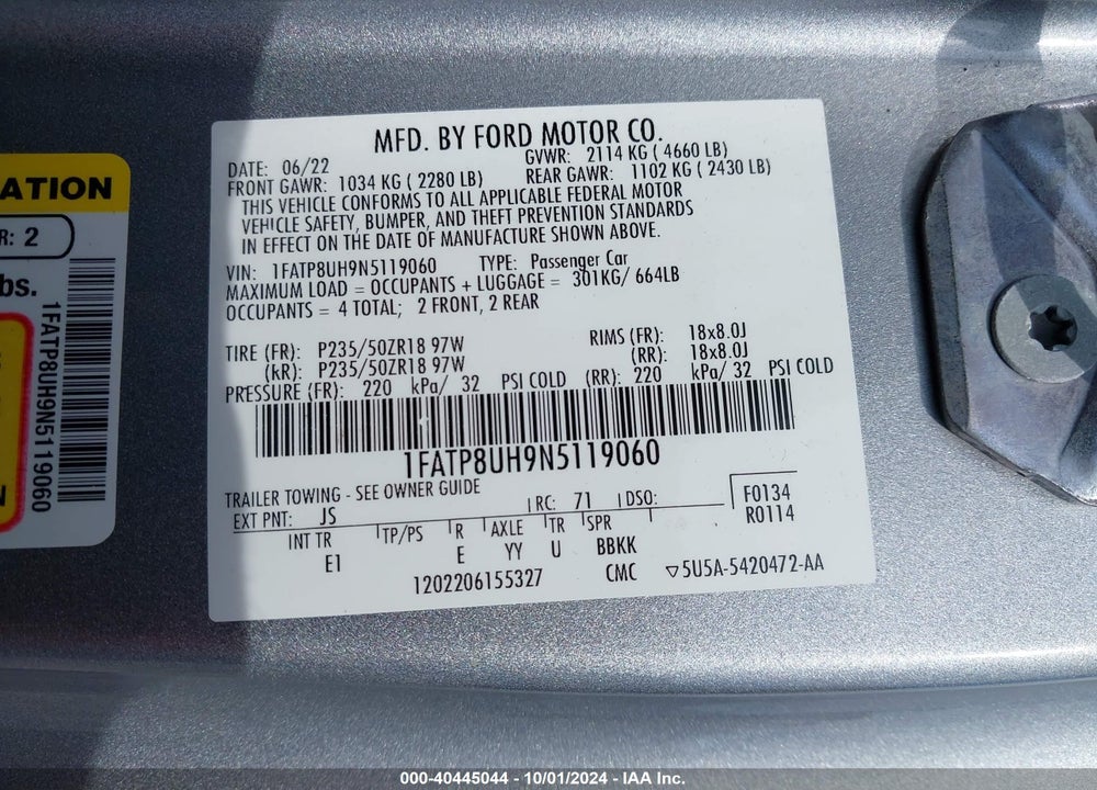 2022 FORD MUSTANG ECOBOOST PREMIUM VIN: 1FATP8UH9N5119060