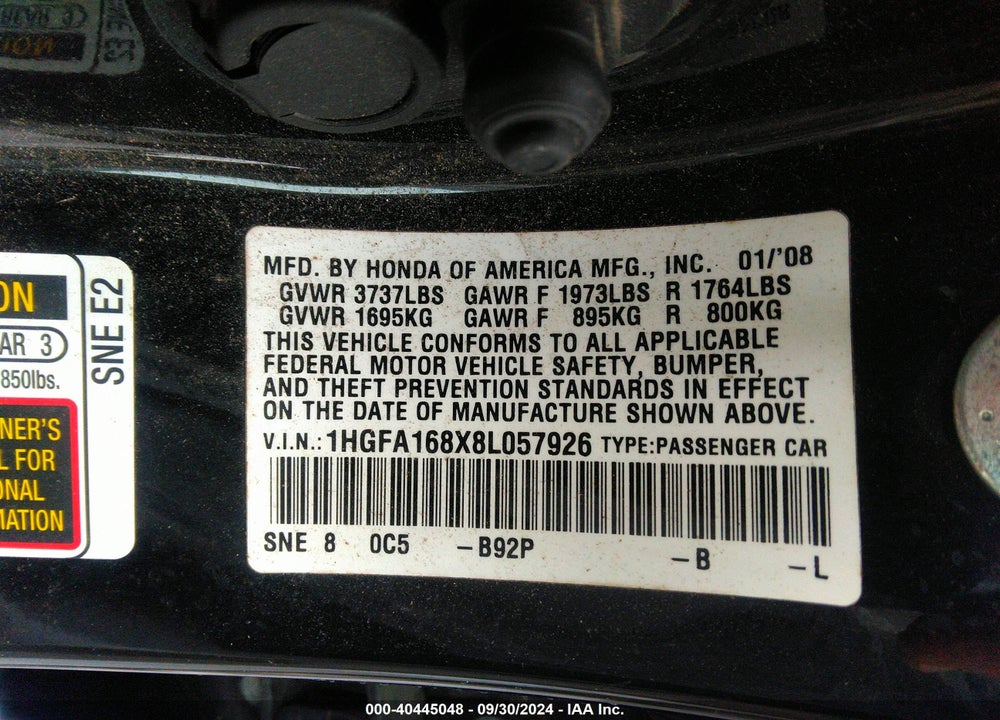 2008 HONDA CIVIC EX VIN: 1HGFA168X8L057926