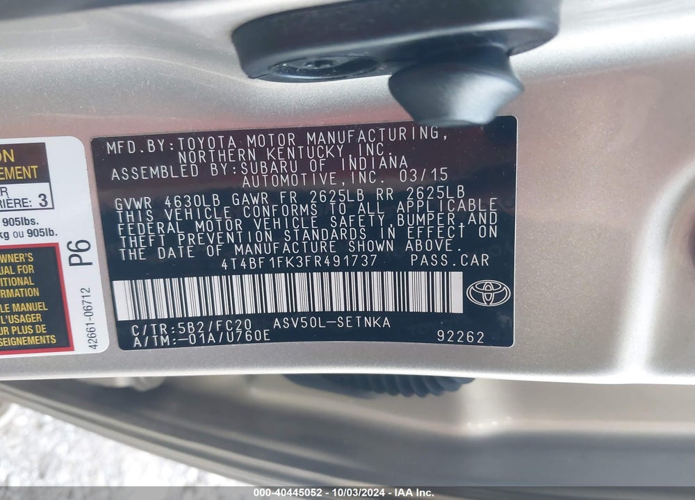 2015 TOYOTA CAMRY LE VIN: 4T4BF1FK3FR491737