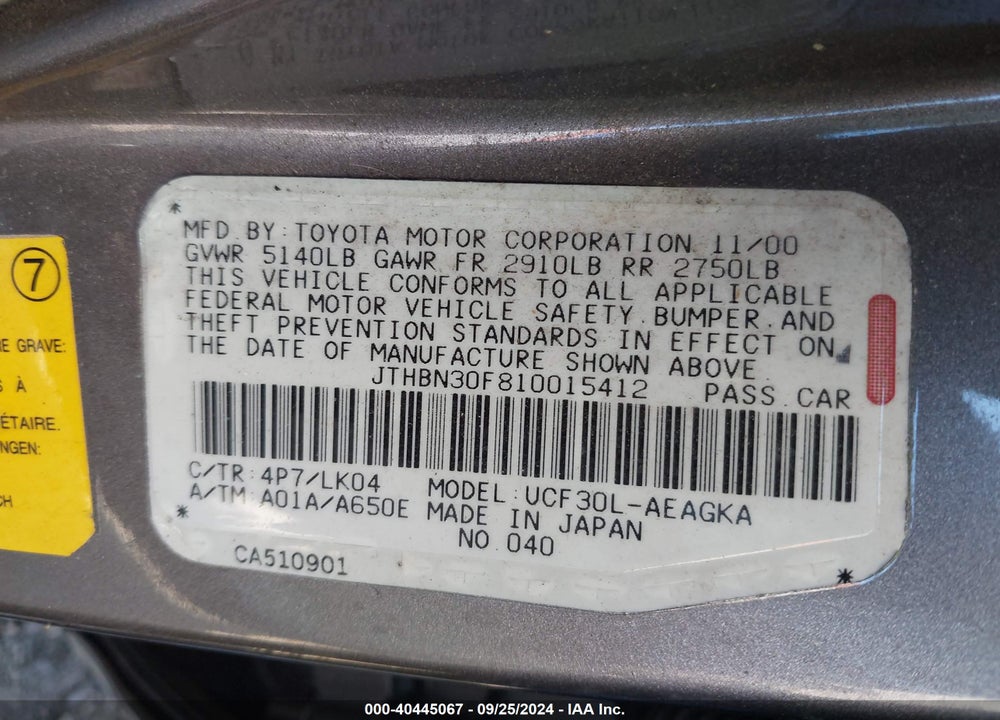 2001 LEXUS LS 430 VIN: JTHBN30F810015412