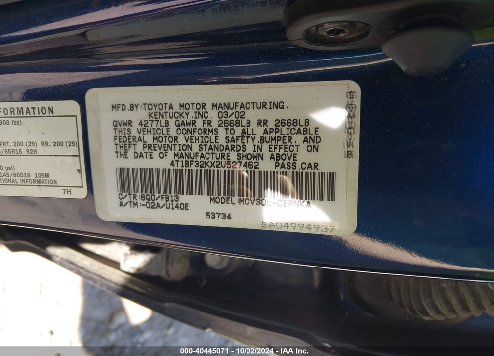 2002 TOYOTA CAMRY LE V6 VIN: 4T1BF32KX2U527462