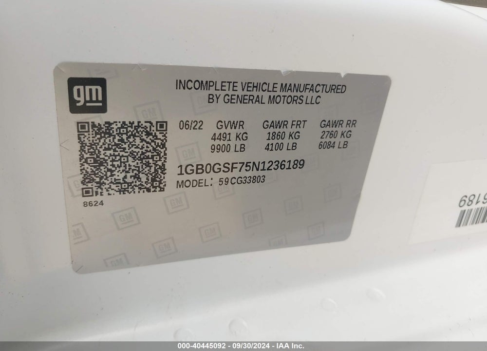 2022 CHEVROLET EXPRESS CUTAWAY WORK VAN VIN: 1GB0GSF75N1236189