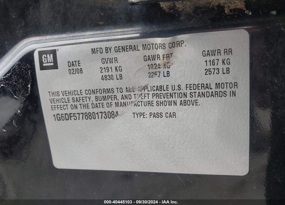 2008 CADILLAC CTS STANDARD VIN: 1G6DF577880173084