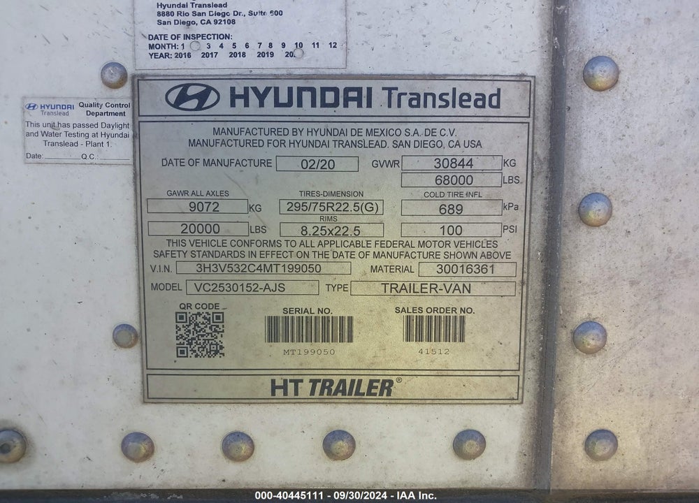 2021 HYUNDAI TRANSLEAD INC TRAILER VIN: 3H3V532C4MT199050