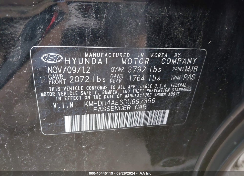 2013 HYUNDAI ELANTRA LIMITED VIN: KMHDH4AE6DU697356