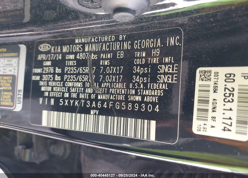 2015 KIA SORENTO LX VIN: 5XYKT3A64FG589304