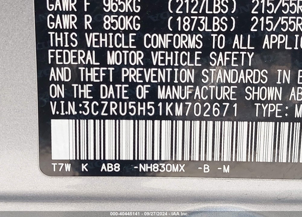 2019 HONDA HR-V EX VIN: 3CZRU5H51KM702671