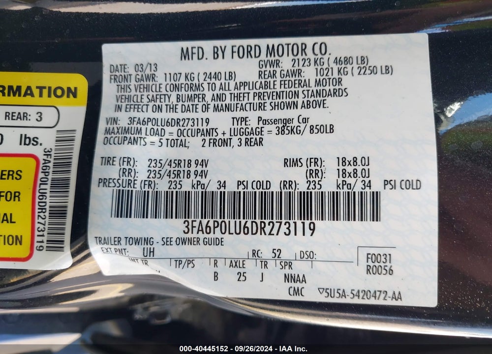 2013 FORD FUSION HYBRID SE VIN: 3FA6P0LU6DR273119