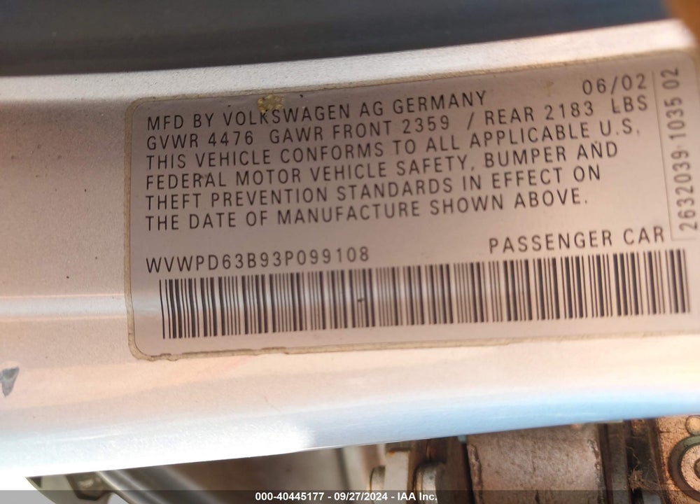 2003 VOLKSWAGEN PASSAT GLS VIN: WVWPD63B93P099108