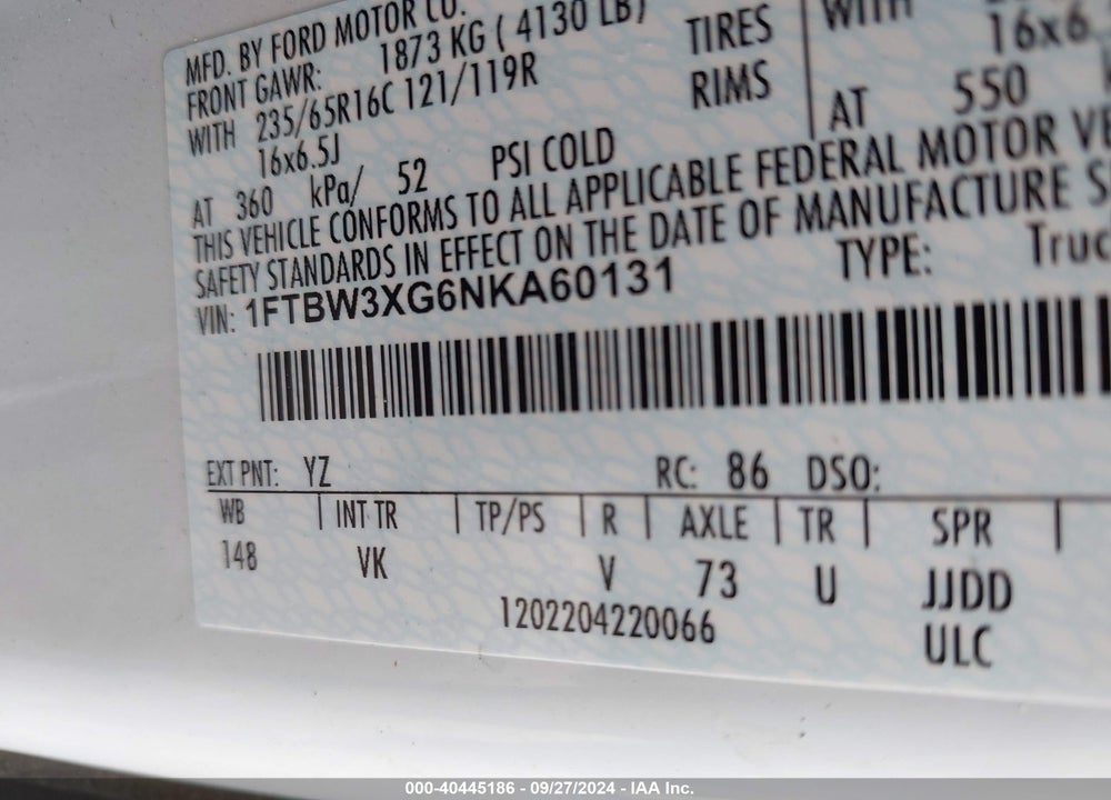 2022 FORD TRANSIT-350 CARGO VAN VIN: 1FTBW3XG6NKA60131