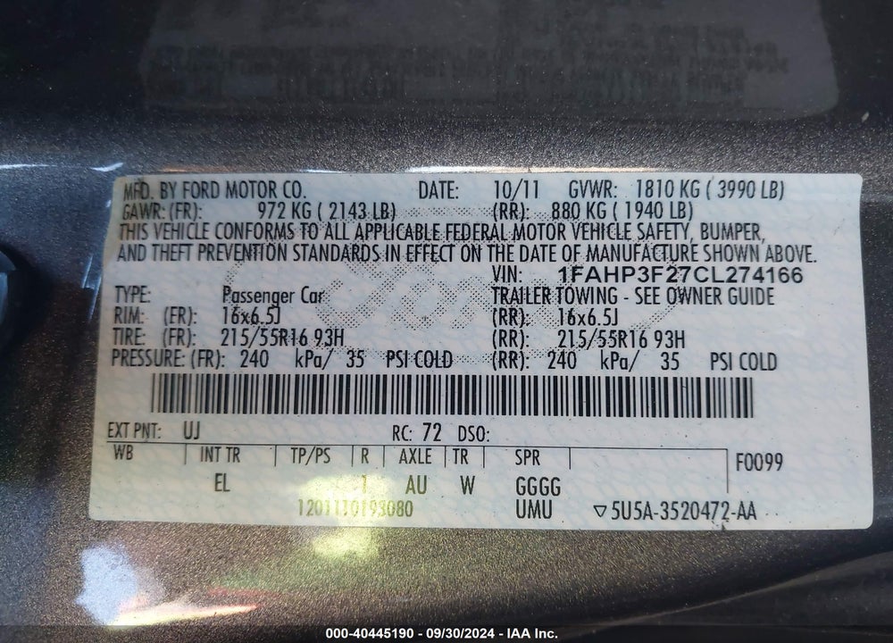 2012 FORD FOCUS SE VIN: 1FAHP3F27CL274166