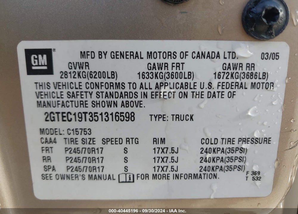 2005 GMC SIERRA 1500 SLE VIN: 2GTEC19T351316598