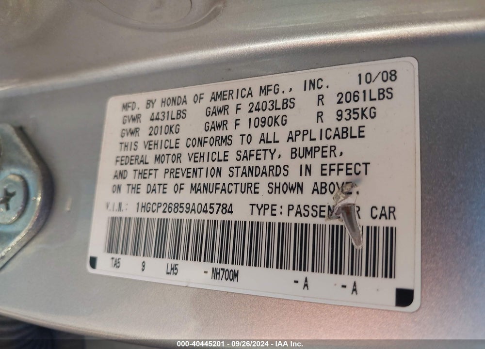 2009 HONDA ACCORD 2.4 EX-L VIN: 1HGCP26859A045784