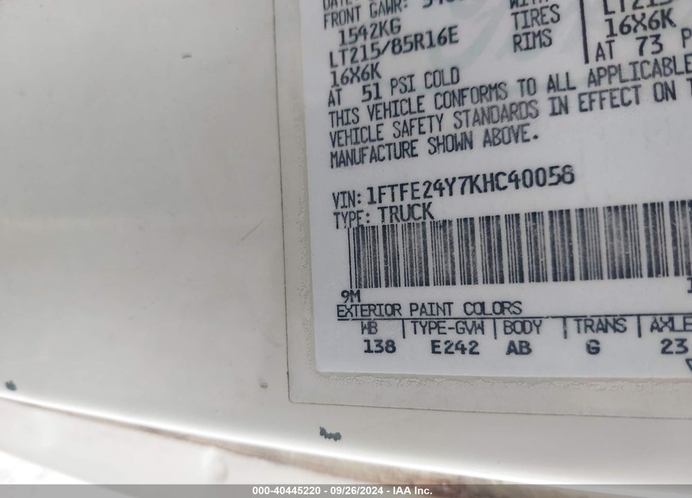 1989 FORD ECONOLINE E250 VAN VIN: 1FTFE24Y7KHC40058