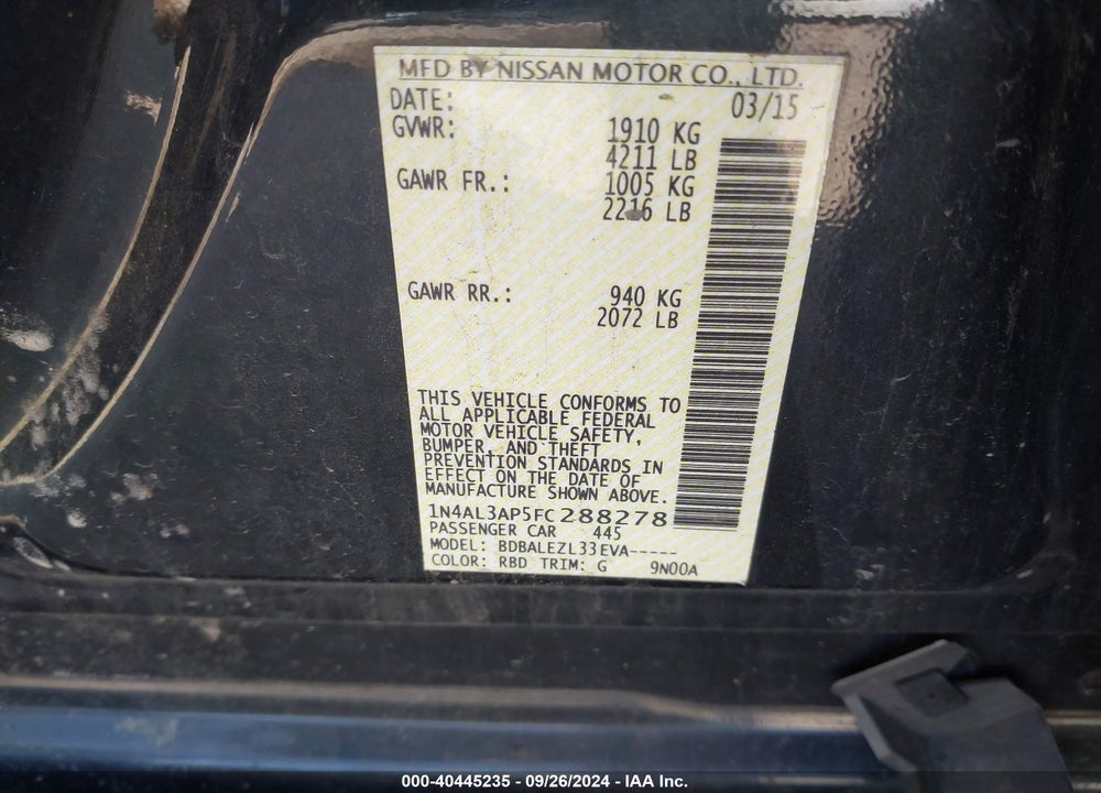 2015 NISSAN ALTIMA 2.5/2.5 S/2.5 SL/2.5 SV VIN: 1N4AL3AP5FC288278