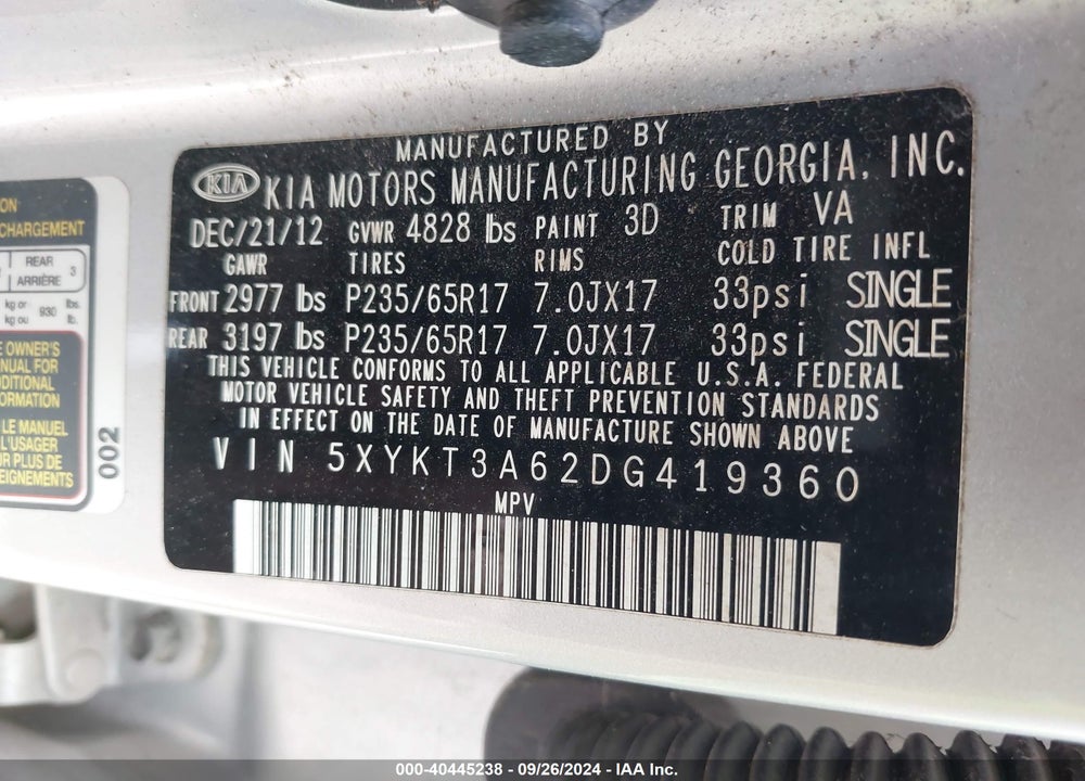 2013 KIA SORENTO LX VIN: 5XYKT3A62DG419360