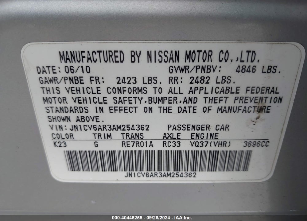 2010 INFINITI G37X VIN: JN1CV6AR3AM254362