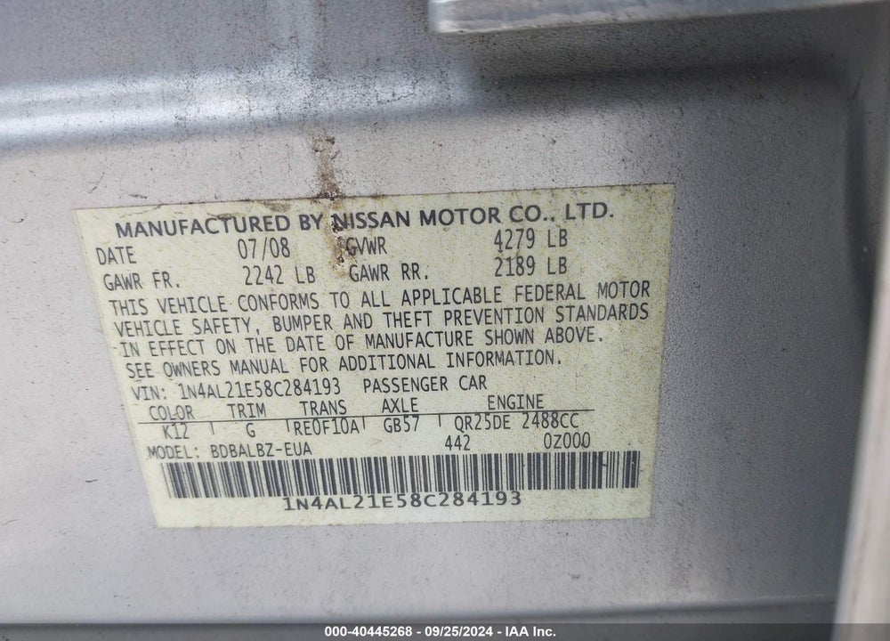 2008 NISSAN ALTIMA 2.5 S VIN: 1N4AL21E58C284193