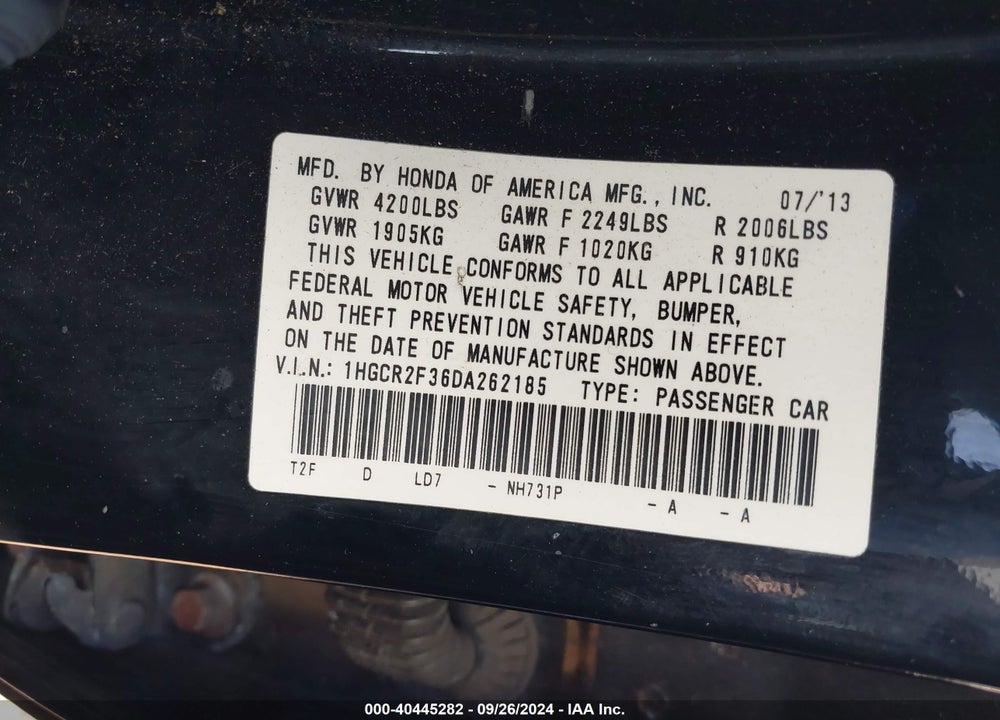 2013 HONDA ACCORD LX VIN: 1HGCR2F36DA262185
