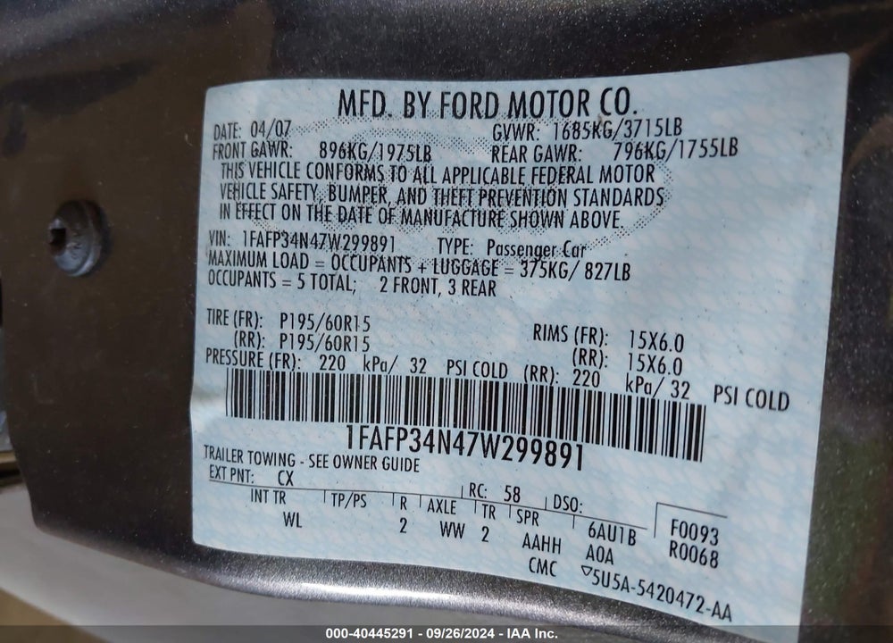 2007 FORD FOCUS S/SE/SES VIN: 1FAFP34N47W299891