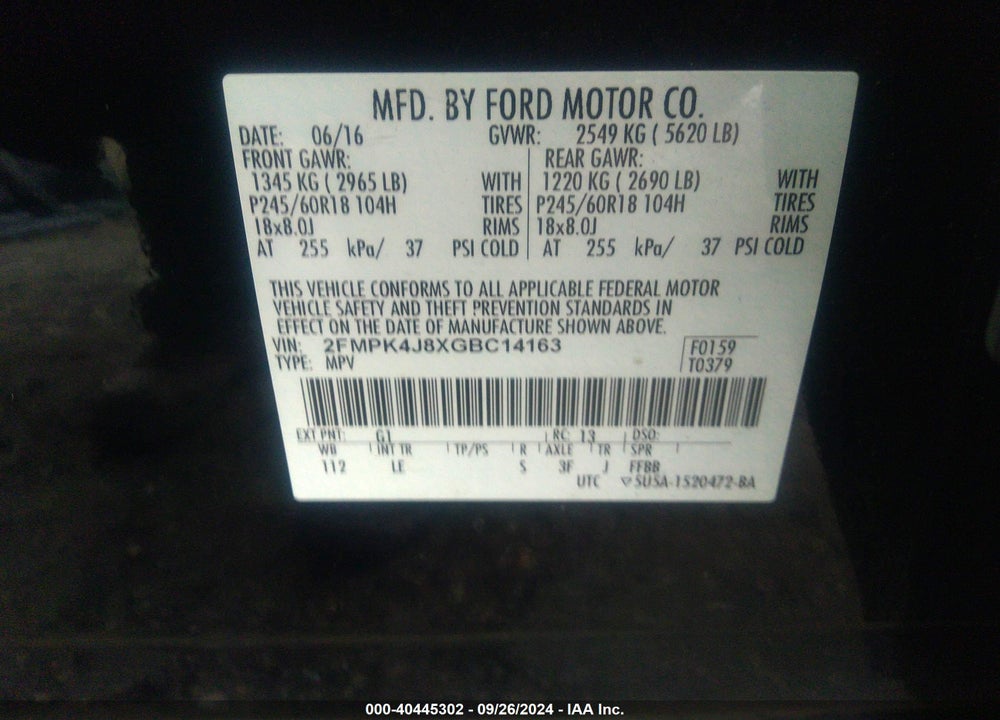 2016 FORD EDGE SEL VIN: 2FMPK4J8XGBC14163