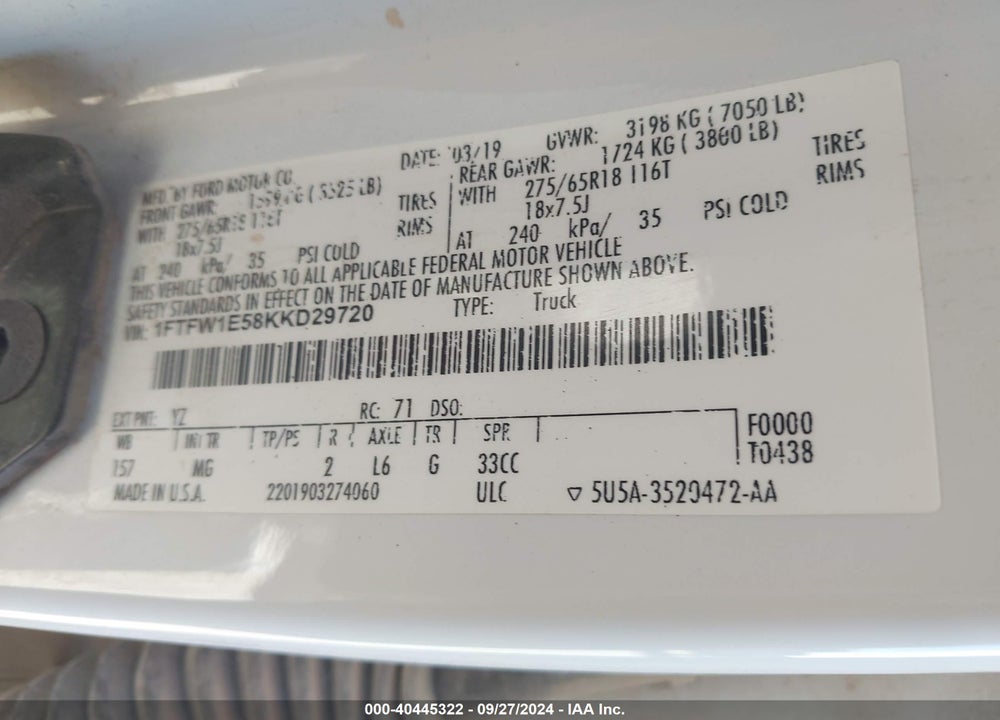 2019 FORD F-150 XLT VIN: 1FTFW1E58KKD29720
