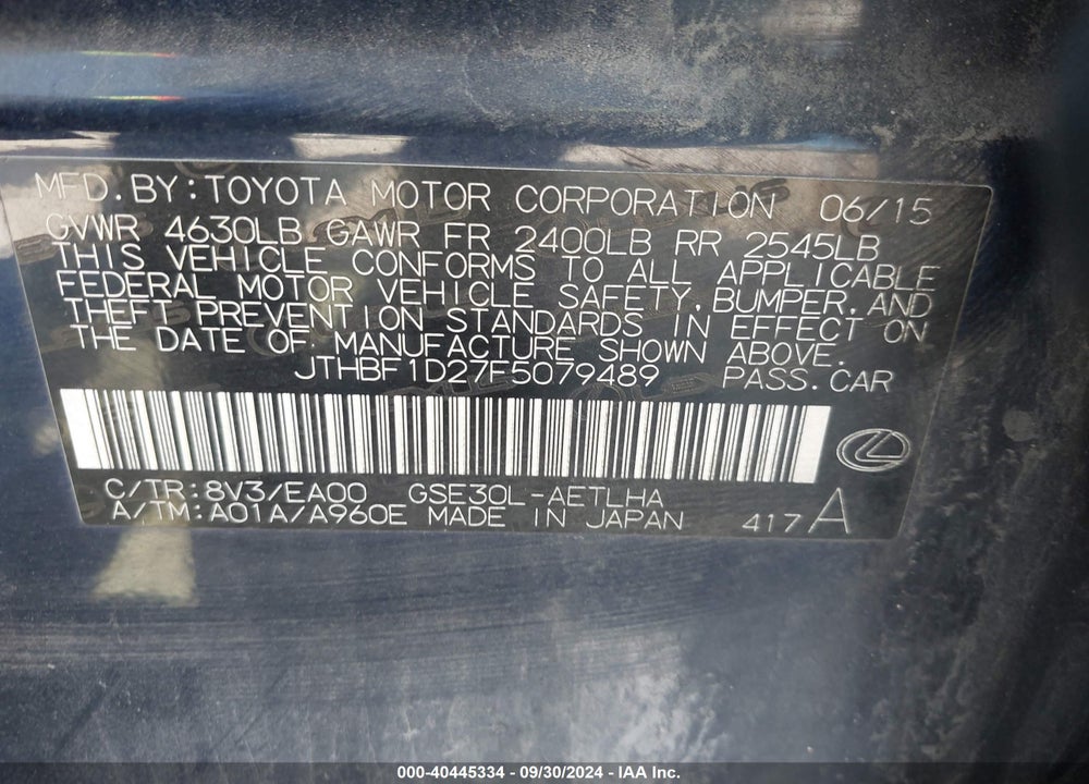 2015 LEXUS IS 250 VIN: JTHBF1D27F5079489