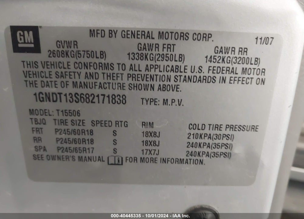 2008 CHEVROLET TRAILBLAZER LT VIN: 1GNDT13S682171838