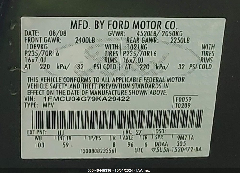 2009 FORD ESCAPE LIMITED VIN: 1FMCU04G79KA29422
