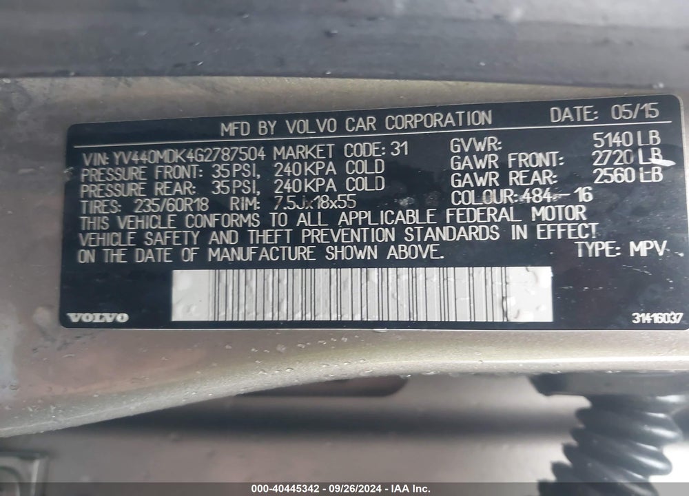 2016 VOLVO XC60 T5 DRIVE-E PREMIER VIN: YV440MDK4G2787504