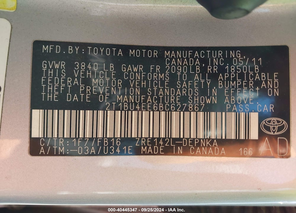 2011 TOYOTA COROLLA LE VIN: 2T1BU4EE6BC627867