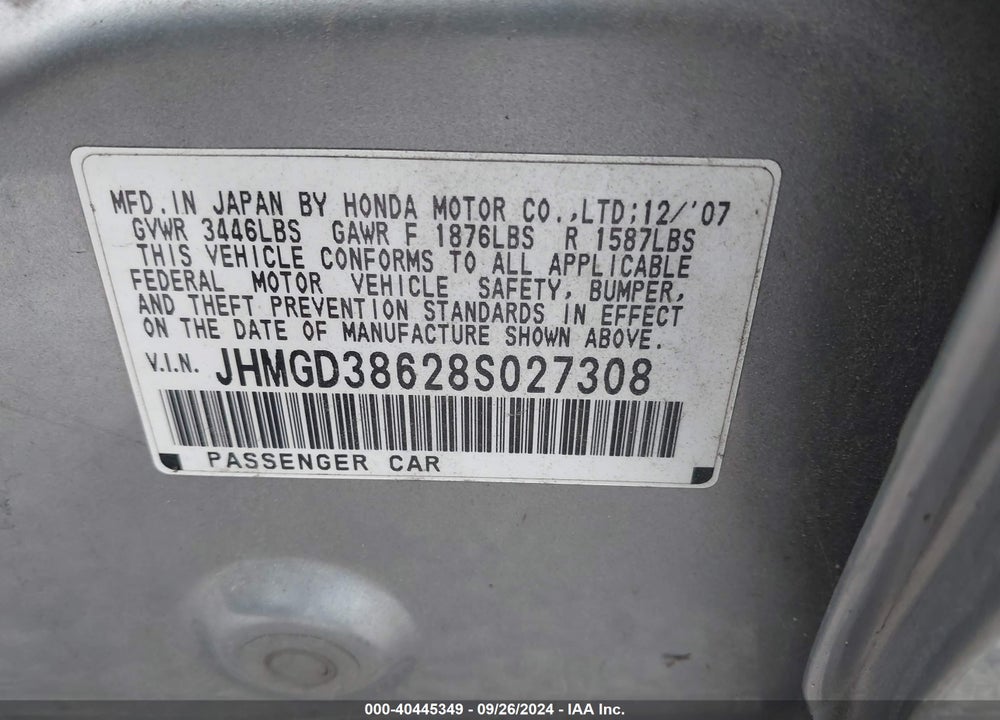 2008 HONDA FIT SPORT VIN: JHMGD38628S027308