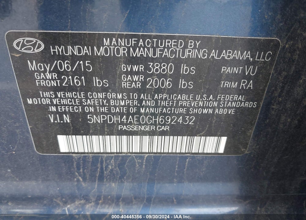 2016 HYUNDAI ELANTRA SE VIN: 5NPDH4AE0GH692432