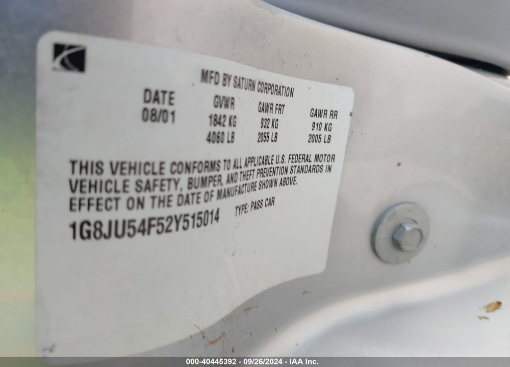 2002 SATURN L-SERIES L200 VIN: 1G8JU54F52Y515014