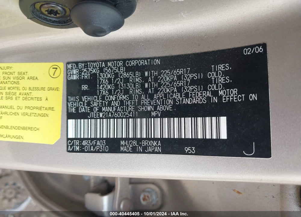 2006 TOYOTA HIGHLANDER HYBRID V6 VIN: JTEEW21A760025411
