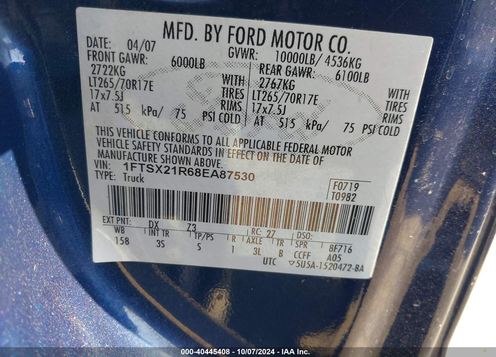 2008 FORD F-250 FX4/LARIAT/XL/XLT VIN: 1FTSX21R68EA87530