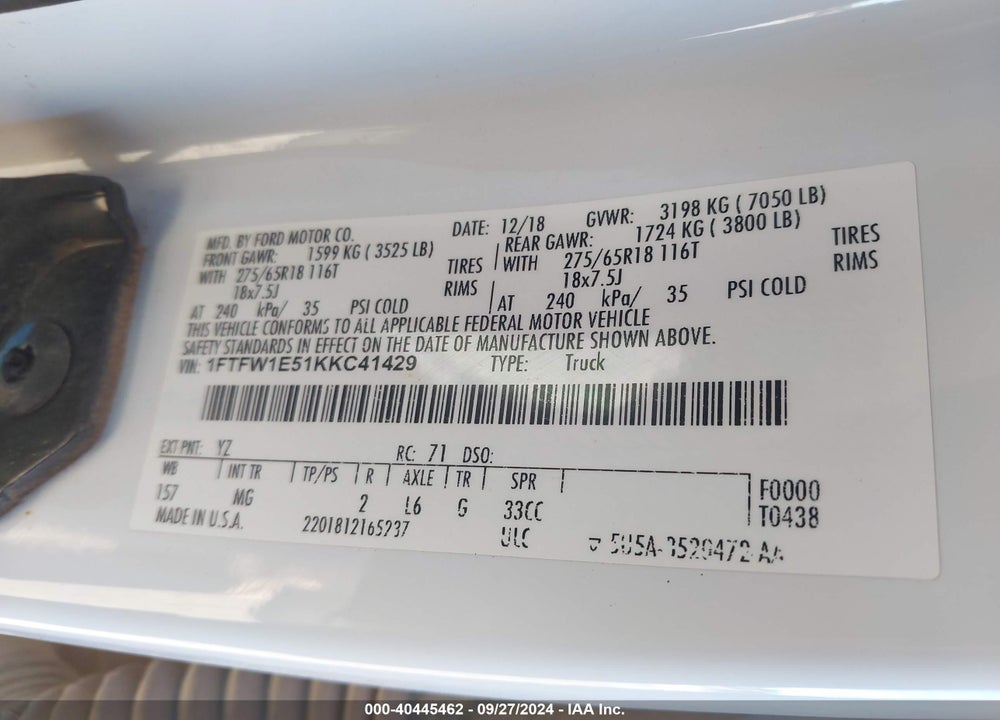 2019 FORD F-150 XLT VIN: 1FTFW1E51KKC41429